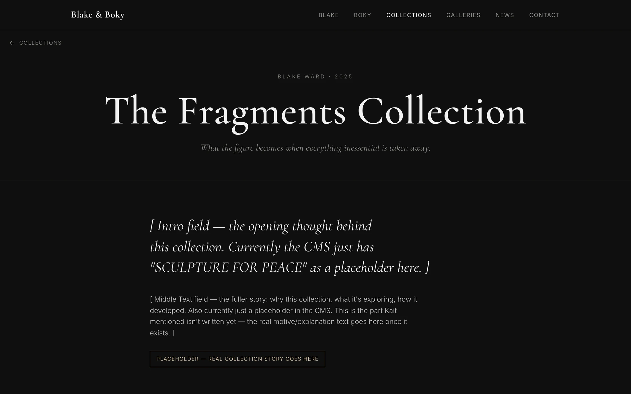 A dark page build: a navigation bar, the small line Blake Ward, 2025, the title The Fragments Collection in a large serif face, an italic line under it, and two blocks of text in square brackets that describe what the Intro field and the Middle Text field will hold.