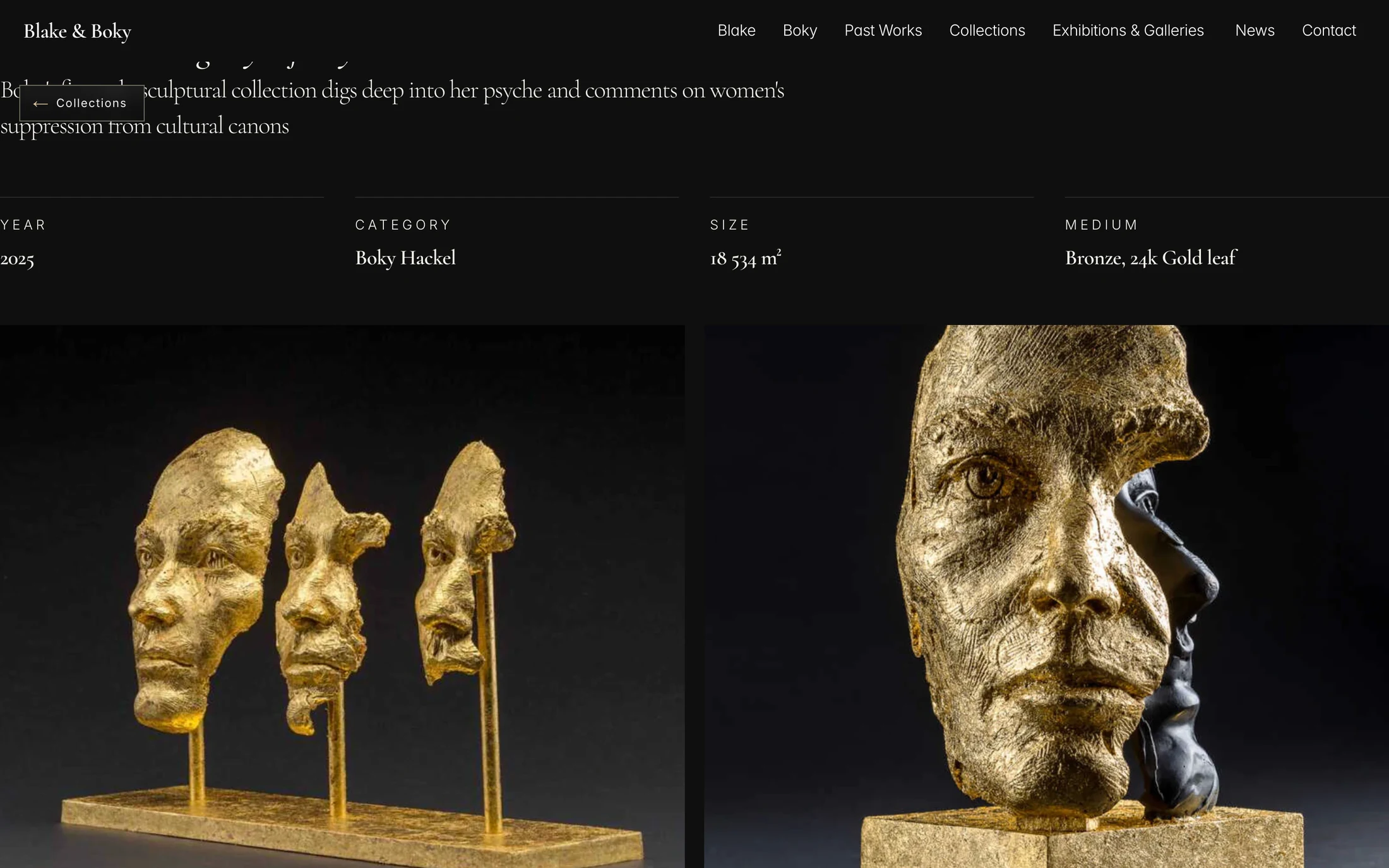 A collection page on a dark ground: the row of facts Year 2025, Category, Size and Medium, and below it two large pictures of gilded sculpture, three masks on rods and a single face in gold leaf.