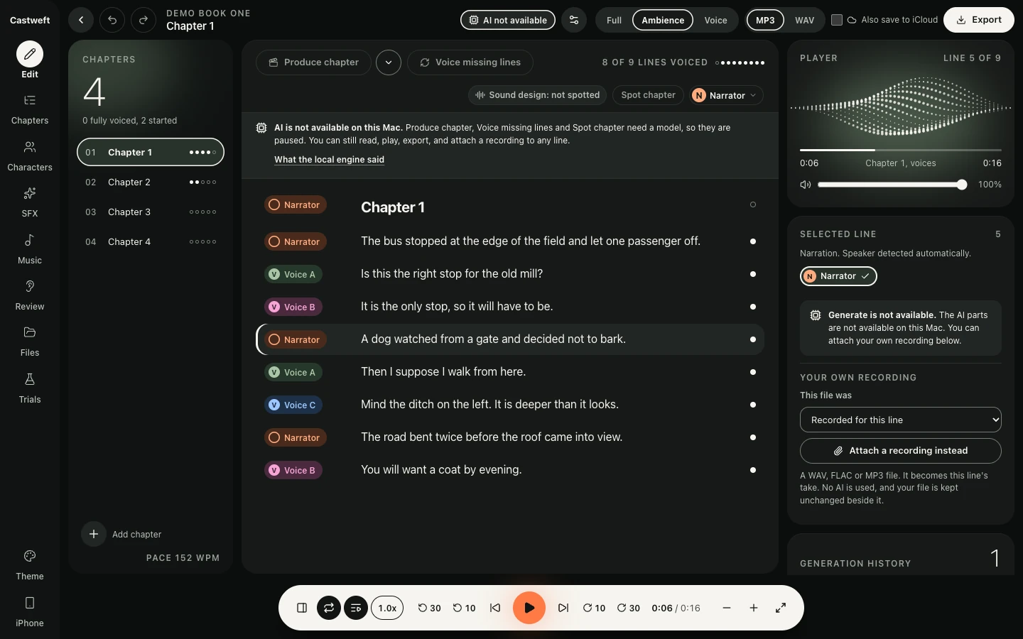 The Edit screen of the Mac app in the Dark theme: the rail, a chapter list with progress dots, the lines of Chapter 1 of a placeholder book with coloured speaker chips and one line selected, and a player card with a dotted wave on the right.
