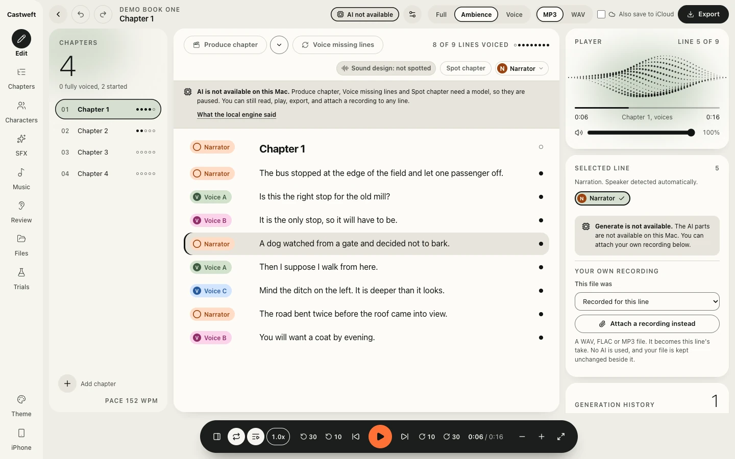 The same Edit screen after the restyle, Light theme. A rail with the word Castweft, a chapter list with a large numeral 4 and progress dots, the lines of Chapter 1 with coloured speaker chips for Narrator, Voice A, Voice B and Voice C, and on the right a player card with a dotted wave, the selected line and a button Attach a recording instead. A dark pill shaped transport with an orange play button at the bottom.