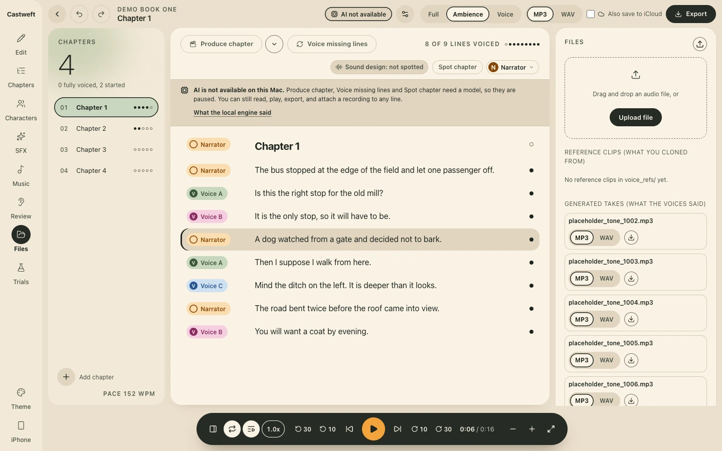 The Files panel of the Mac app in the Day theme, beside the lines of Chapter 1 of a placeholder book: an upload area and a list of generated takes named placeholder tone with a number.