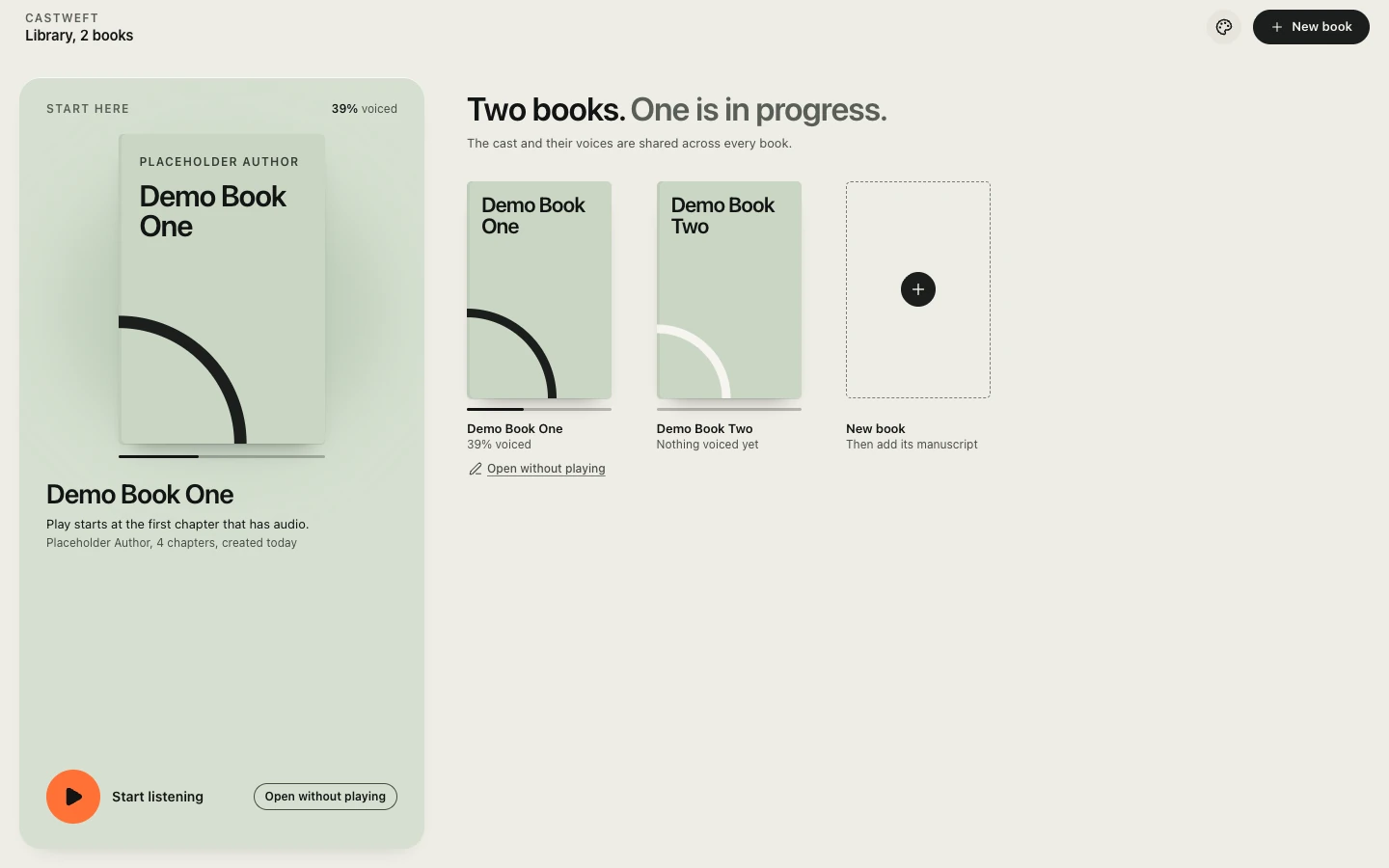The Library of the Mac app in the Light theme. A tall sage panel holds the cover of Demo Book One, 39 percent voiced, with Start listening and Open without playing. On the right the headline Two books. One is in progress, two drawn covers and a dashed tile New book.