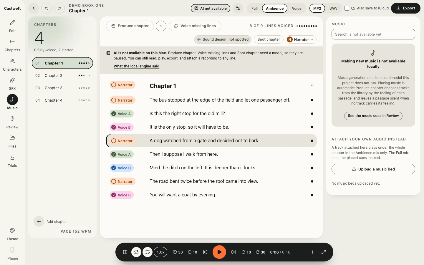 The Music panel of the Mac app in the Light theme, beside the lines of Chapter 1 of a placeholder book. The panel says that making new music is not available locally and offers to upload a music bed.