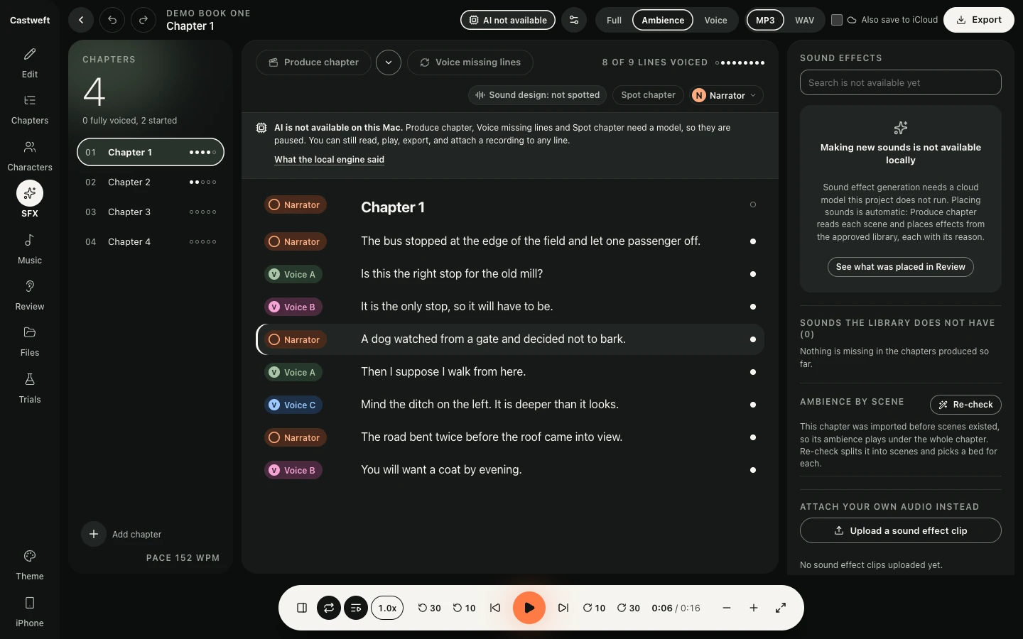 The Sound effects panel of the Mac app in the Dark theme. A search field that says search is not available yet, a note that making new sounds is not available locally, a button See what was placed in Review, a section Ambience by scene with a Re-check button, and a button Upload a sound effect clip.