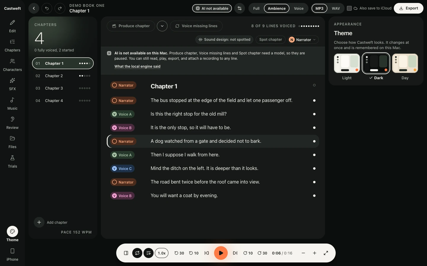 The Appearance panel of the Mac app in the Dark theme. Under the heading Theme and the line Choose how Castweft looks, three small previews labelled Light, Dark and Day, with Dark ticked. Beside it the lines of Chapter 1 of a placeholder book on a near black ground, each with a coloured speaker chip.