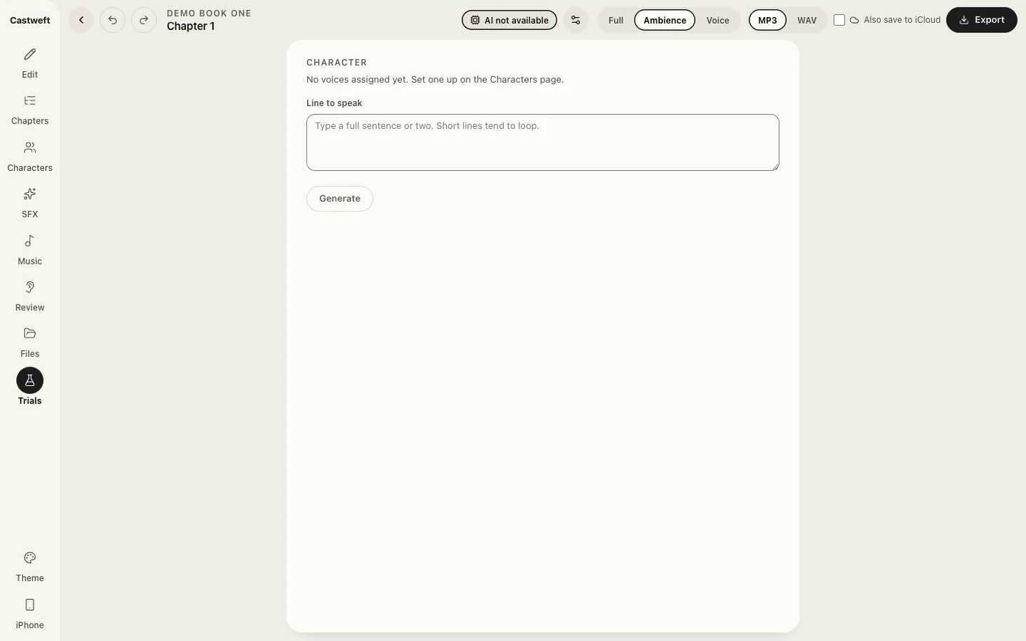 The Trials screen of the Mac app in the Light theme: a field for a line to speak and a Generate button that is not available.