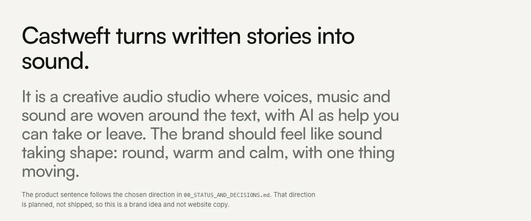 A panel labelled Brand idea. Headline: Castweft turns written stories into sound. Below it: It is a creative audio studio where voices, music and sound are woven around the text, with AI as help you can take or leave. The brand should feel like sound taking shape: round, warm and calm, with one thing moving. A small note says the direction is planned, not shipped, so this is a brand idea and not website copy.