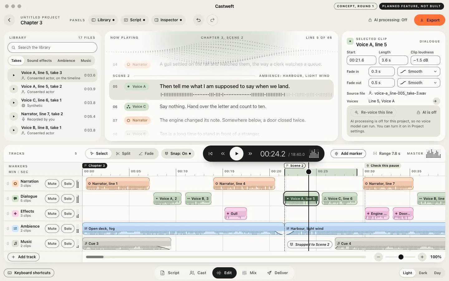 Concept frame titled Castweft with the tags Concept, round 1 and Planned feature, not built. Top: a library of takes, the script with one line selected, and a panel for the selected clip. Bottom: five tracks named Narration, Dialogue, Effects, Ambience and Music with coloured clips on a time ruler, a playhead, and Mute and Solo buttons per track.