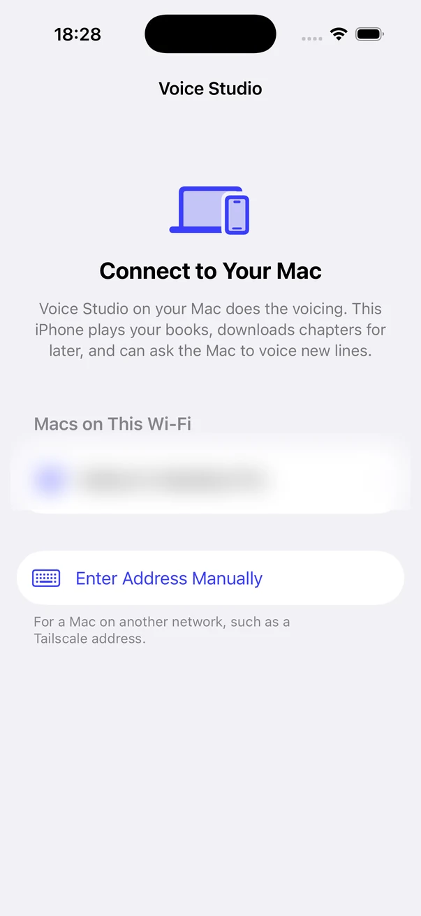 iPhone screen titled Voice Studio. An icon of a laptop and a phone, the heading Connect to Your Mac and two lines of text. Under Macs on This Wi-Fi one row that is blurred, then a row Enter Address Manually.