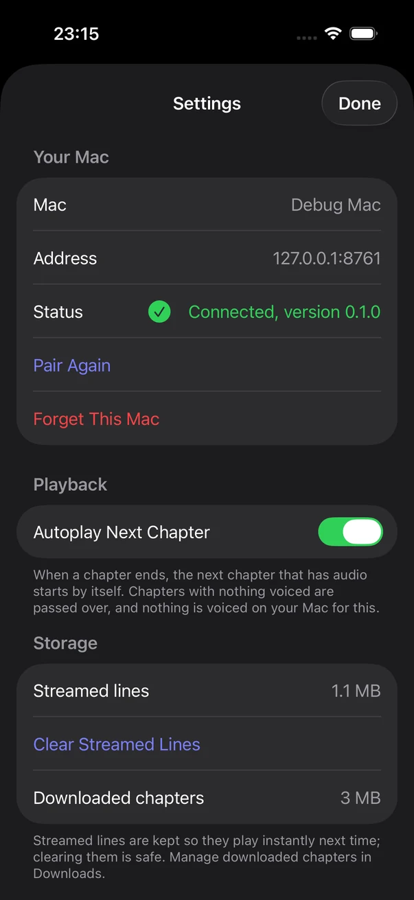The same iPhone Settings sheet in the dark look: Your Mac with Mac, Address and Status, Pair Again and Forget This Mac, Autoplay Next Chapter switched on, and the Storage rows.