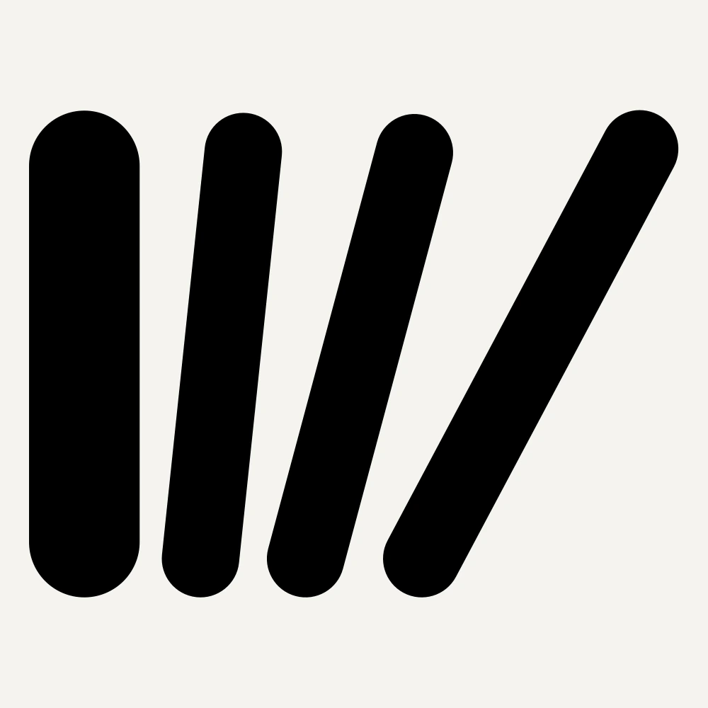 A black mark on an off white ground: one thick upright bar with rounded ends, and three thinner bars beside it that lean further and further to the right, like pages fanning away from a cover.