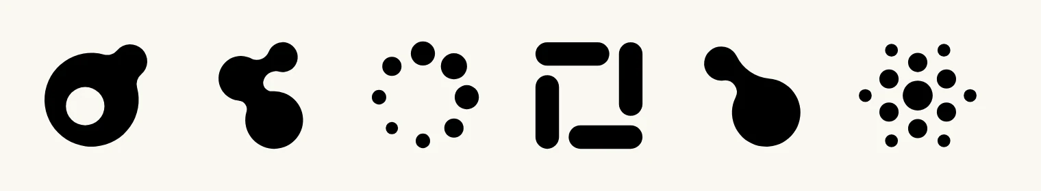 Six black marks in a row on an off white ground: a ring with a small blob attached, two joined blobs with a notch, a circle of dots of growing size, a square spiral of four rounded bars, a blob with a tail, and a round cluster of dots.