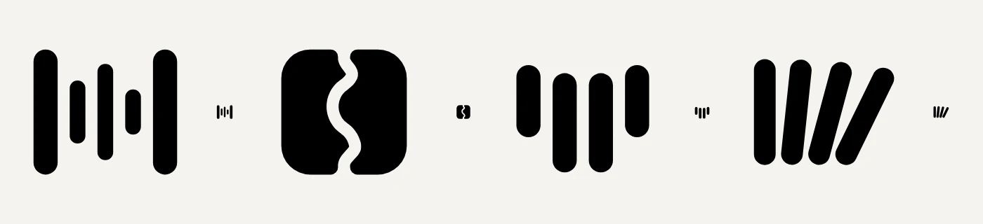 Four black marks, each beside a tiny copy of itself: upright bars of different heights between two tall bars, a rounded square split by a wavy gap, four bars hanging at different lengths, and four bars that lean further and further to the right.
