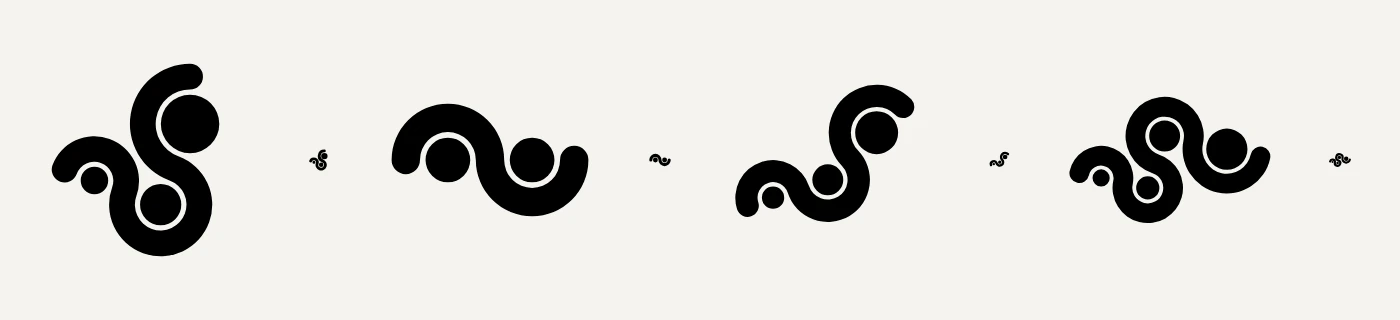 Four black marks, each beside a tiny copy of itself, all drawn as one thick curling line that loops around two or three dots.