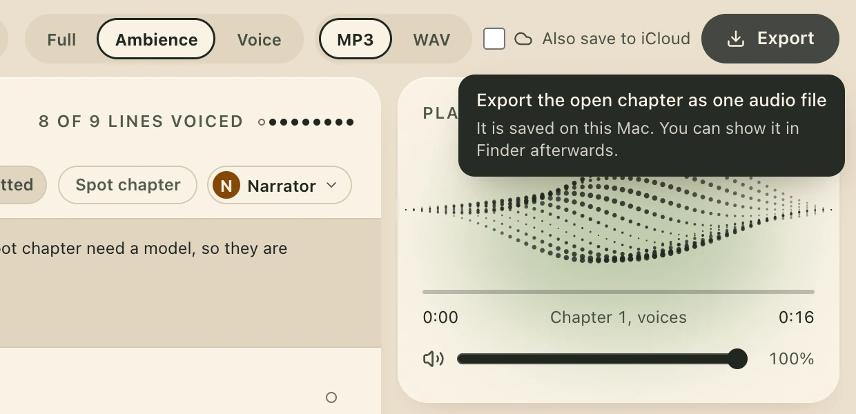 Close view in the Day theme. A dark tooltip under the Export button reads Export the open chapter as one audio file. It is saved on this Mac. You can show it in Finder afterwards. Beside it the choices Full, Ambience, Voice and MP3, WAV.