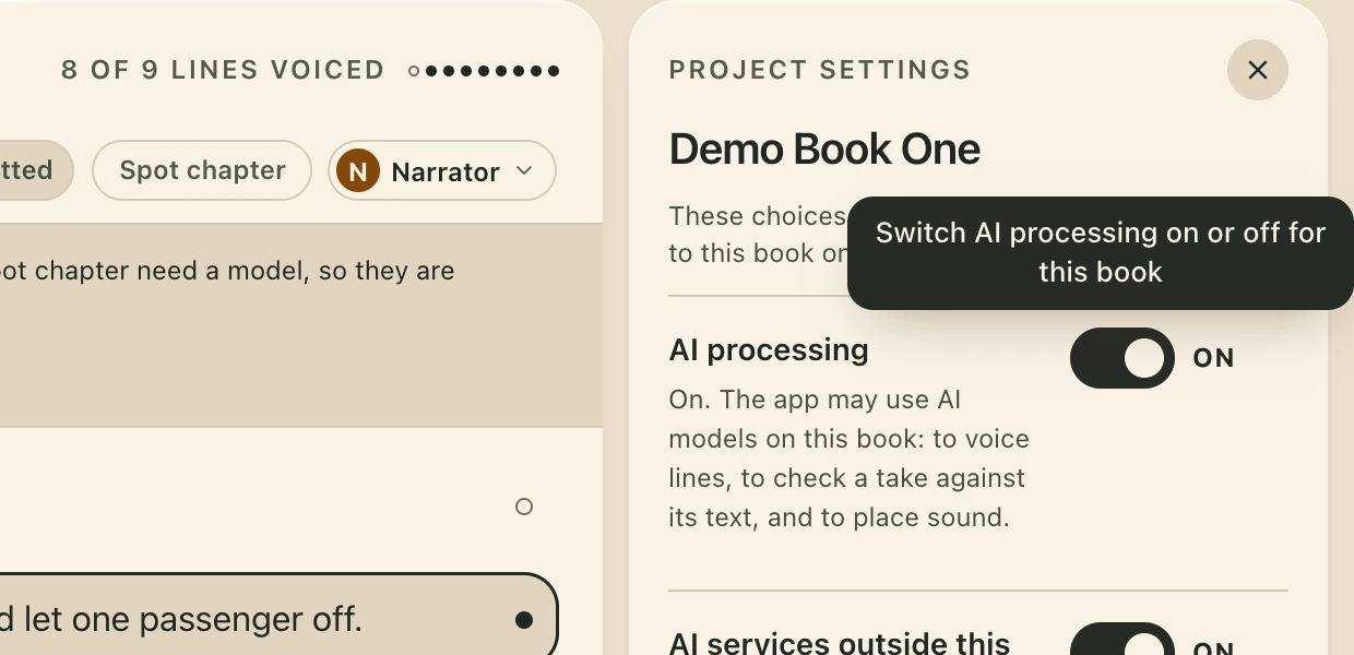 Close view in the Day theme. A dark tooltip over the Project settings panel of Demo Book One reads Switch AI processing on or off for this book. Below it the switch AI processing, set to on, with a line on what the app may use AI for.