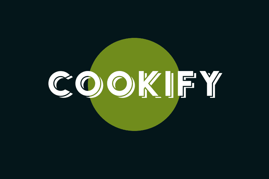 The Cookify wordmark in white capital letters with a doubled outline, set across an olive green circle on very dark green.
