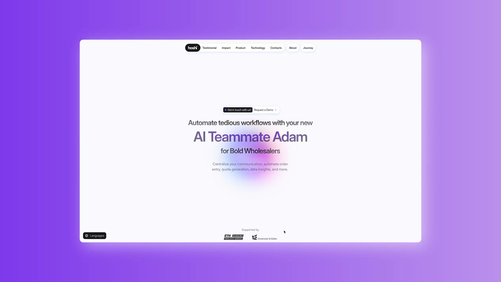 A screen recording of the Hoshii website in a browser on a violet ground: the line Automate tedious workflows with your new AI Teammate Adam, then a scroll down to a customer video.