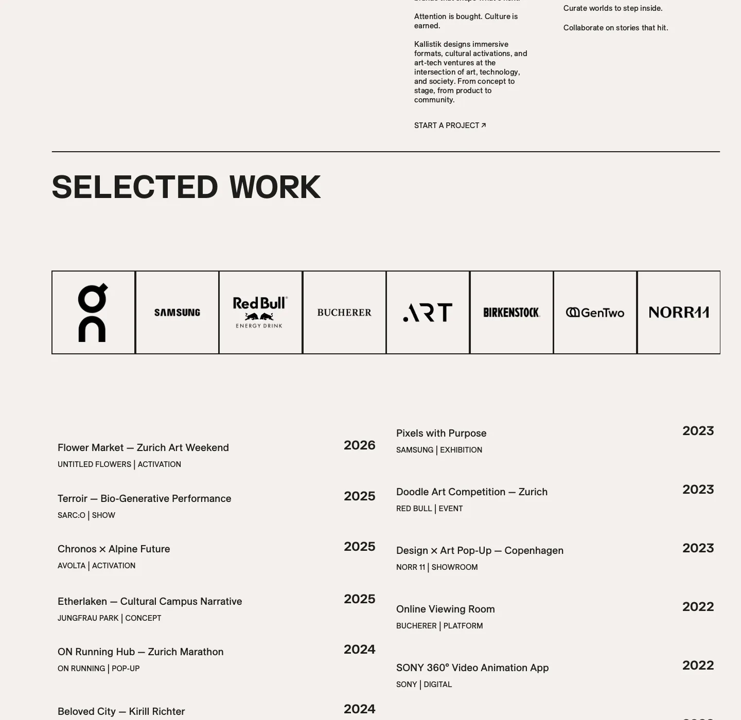 Next part of the page: three short text columns with the link Start a project, the heading Selected work, a row of eight boxed partner logos, and a two column list of projects with years from 2026 down to 2022.