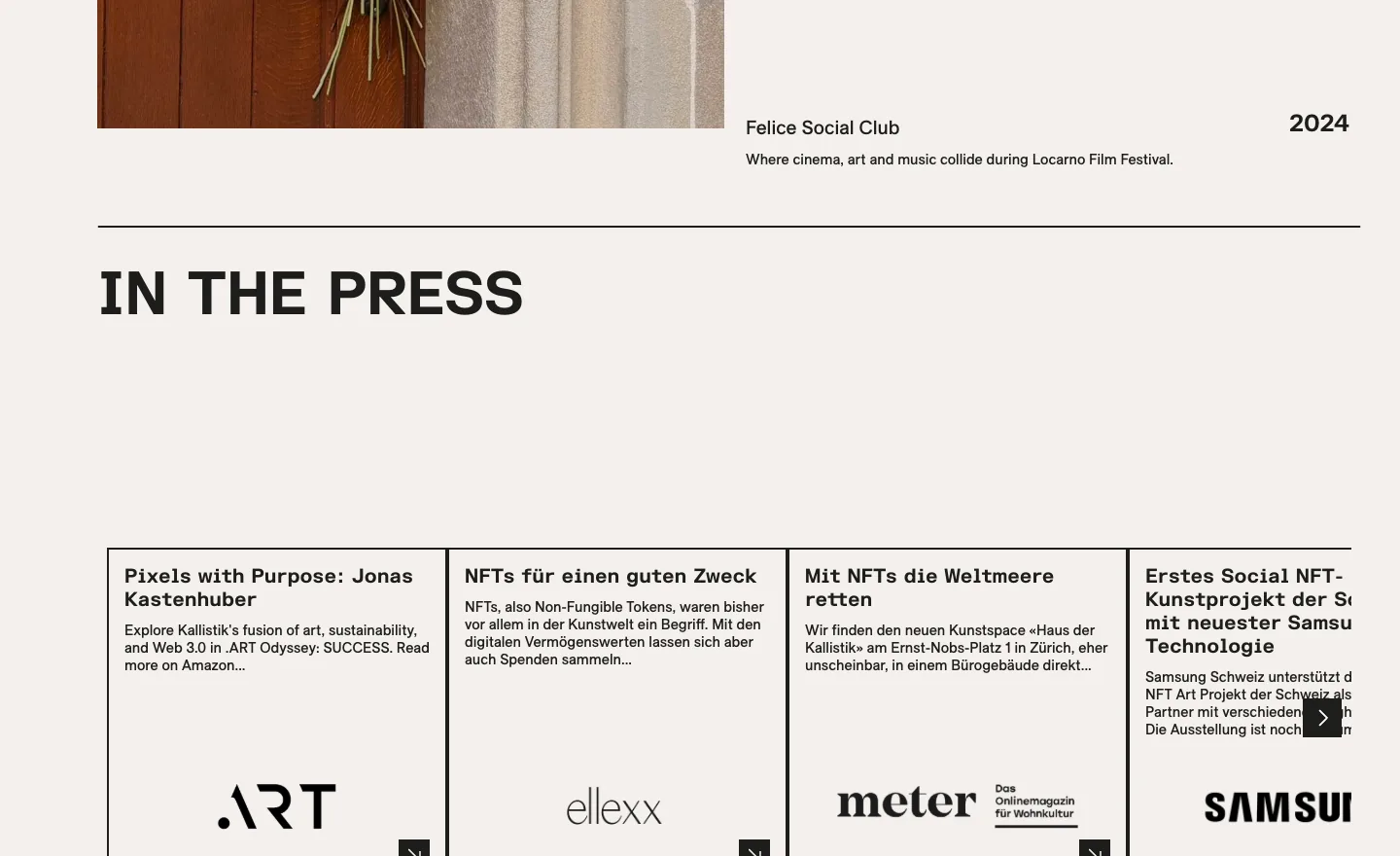 The section In the press: a row of boxed cards, each with an article title, two lines of text and the logo of the publication, above a band of black pixel squares that breaks the light page into a black one.