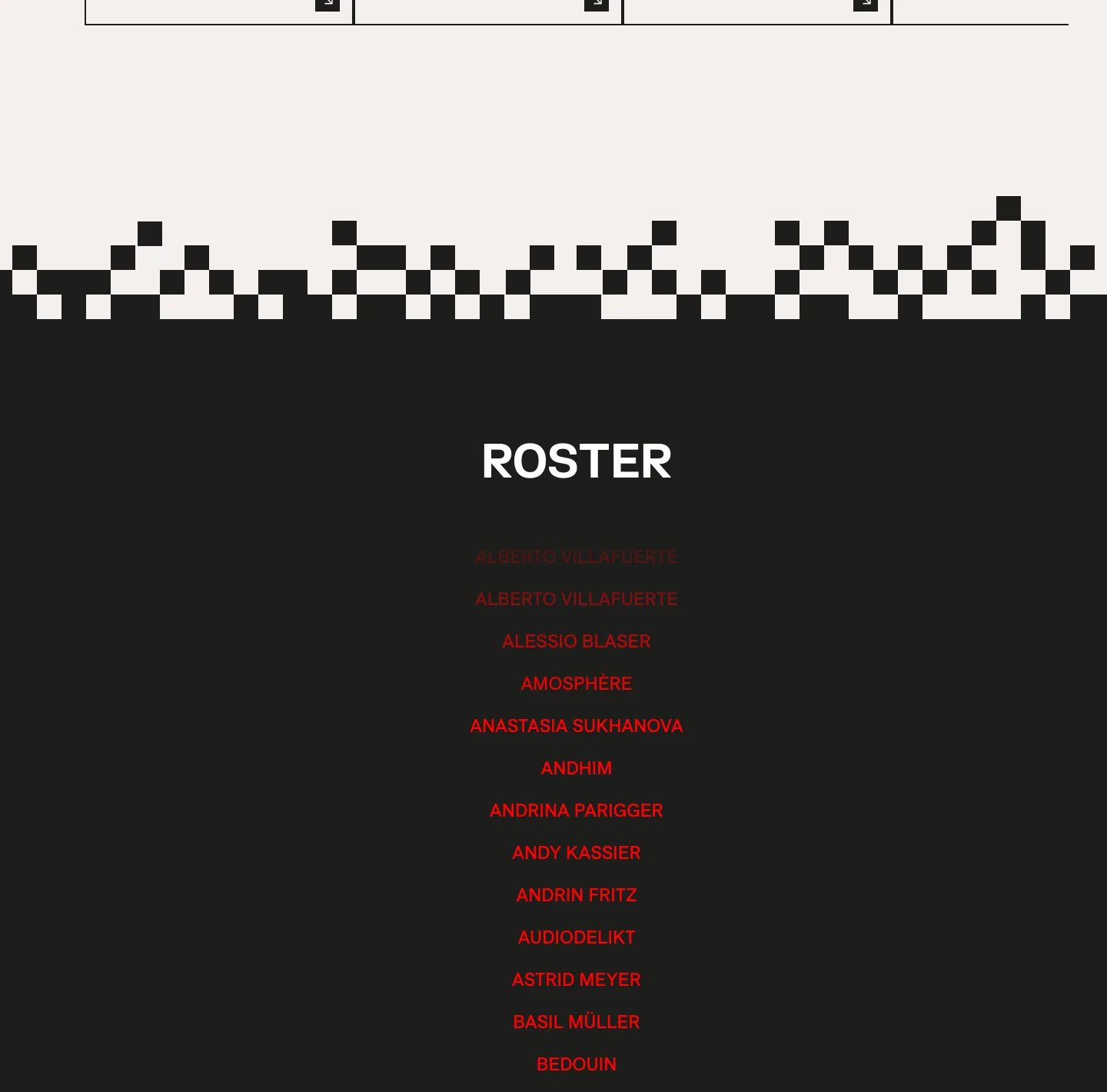 The section Roster on a black ground: the heading in white and a centred column of names in red capital letters.