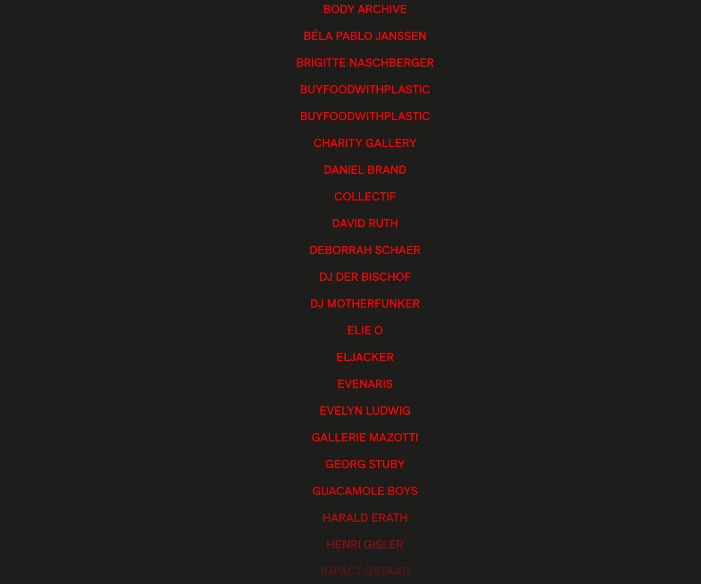 The roster continues: more names in red capital letters on black that fade out toward the bottom, then a band of pixel squares that breaks the black back into the light page.