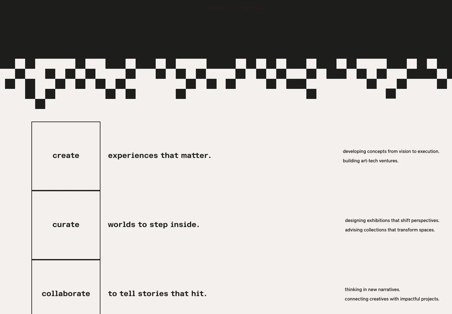 Three stacked outlined boxes labelled create, curate and collaborate, each followed by a short line in a monospaced face and two small lines of text at the right.