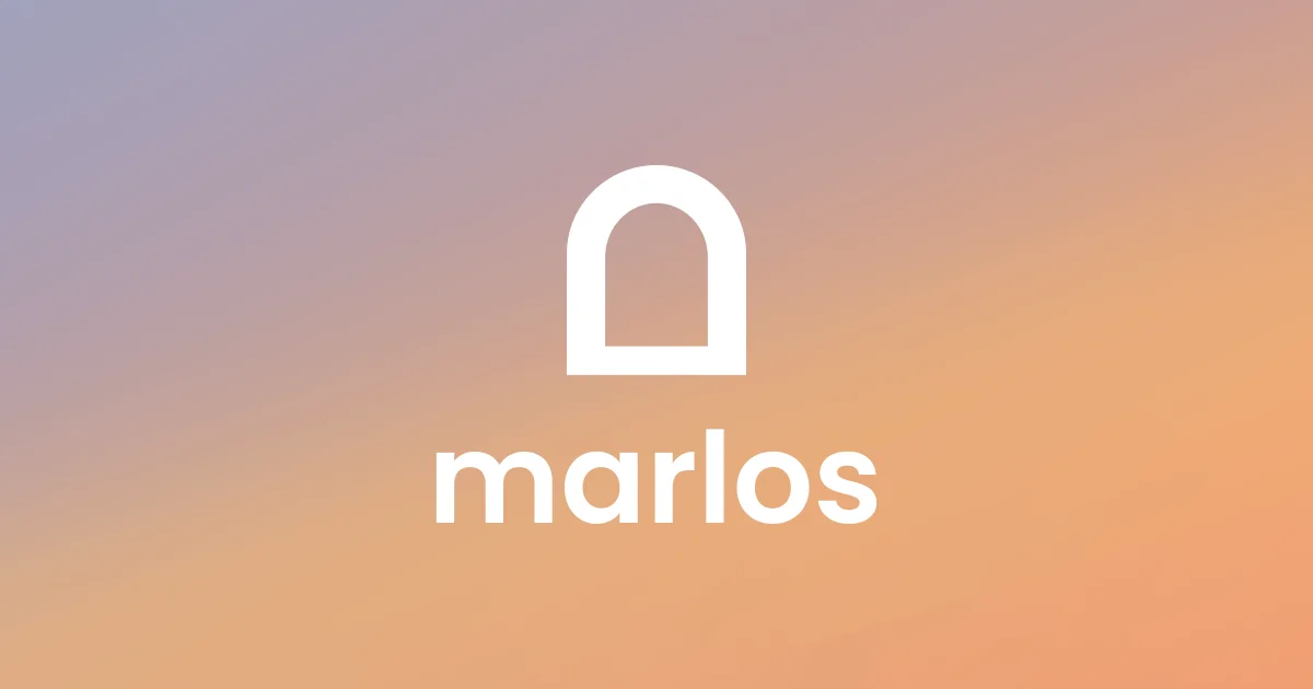 The Marlos logo, an arch shaped icon above the lowercase wordmark marlos, in white on a soft gradient from lilac to orange.