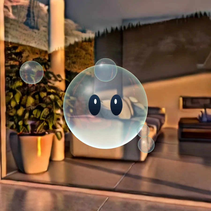 Marlos: a translucent glass bubble with two navy almond eyes and small satellite bubbles, floating in a warm living room that shows through his body.