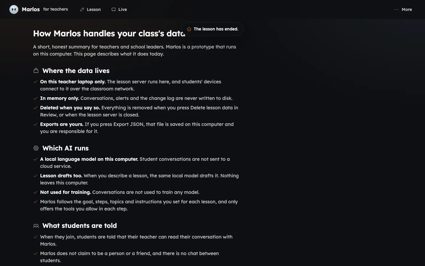 A page for teachers titled How Marlos handles your class's data, with the sections Where the data lives, Which AI runs and What students are told.
