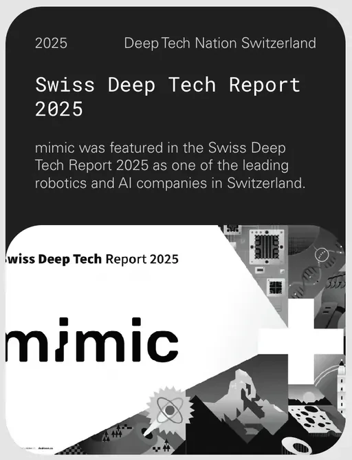 A news card: 2025, Deep Tech Nation Switzerland, the title Swiss Deep Tech Report 2025, a short text and a picture with the mimic wordmark, on a dark rounded card.