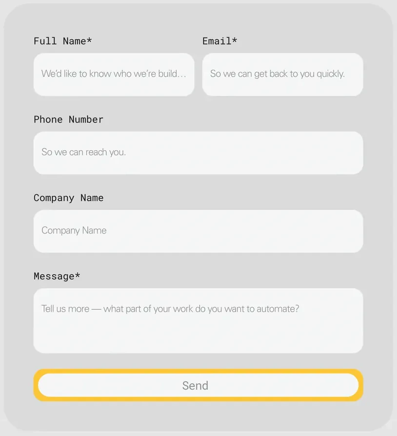 The contact form: the fields Full Name, Email, Phone Number, Company Name and Message, and a Send button with a yellow ring.