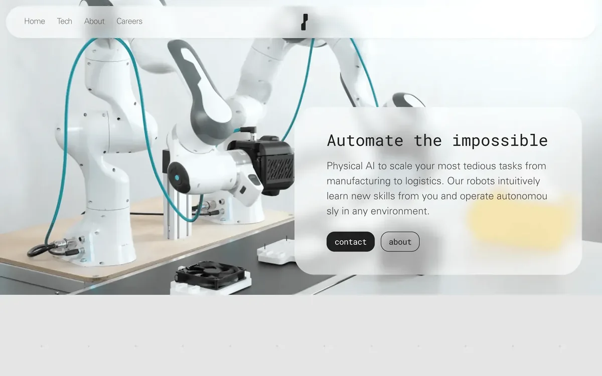 The home page of the Mimic Robotics website: a navigation bar with Home, Tech, About and Careers, a photo of white robot arms at a workbench, and a frosted panel with the line Automate the impossible and the buttons contact and about.
