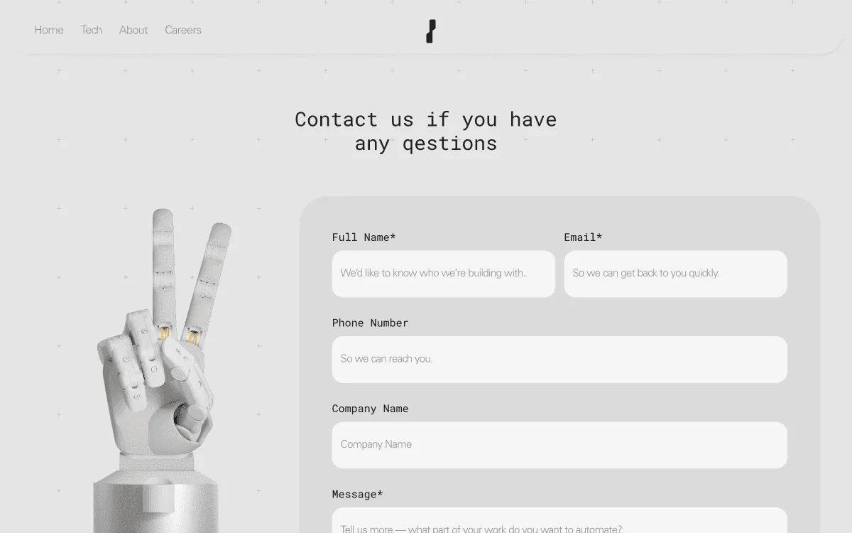 The Contact page: the heading Contact us if you have any qestions, a white robotic hand making a V sign, and a form with the fields Full Name, Email, Phone Number, Company Name and Message.