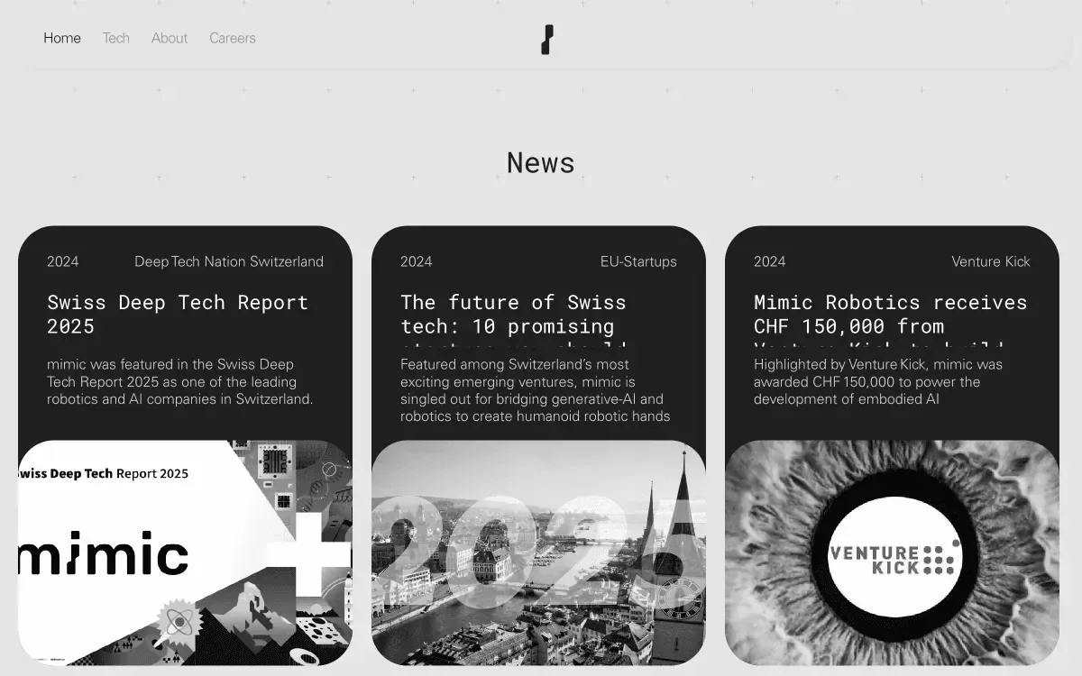 The News page: the heading News above a grid of dark article cards, each with a year, a source such as EU-Startups or Venture Kick, a title, a short text and a black and white picture.
