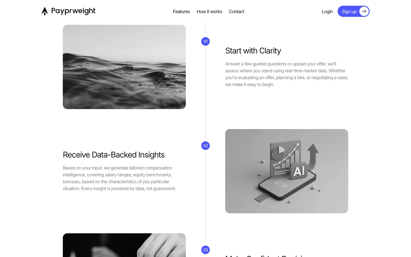 Steps 01 and 02 on a vertical line with blue numbered dots: Start with Clarity beside a black and white photo of water, and Receive Data-Backed Insights beside a grey 3D picture of a phone with charts and the letters AI.