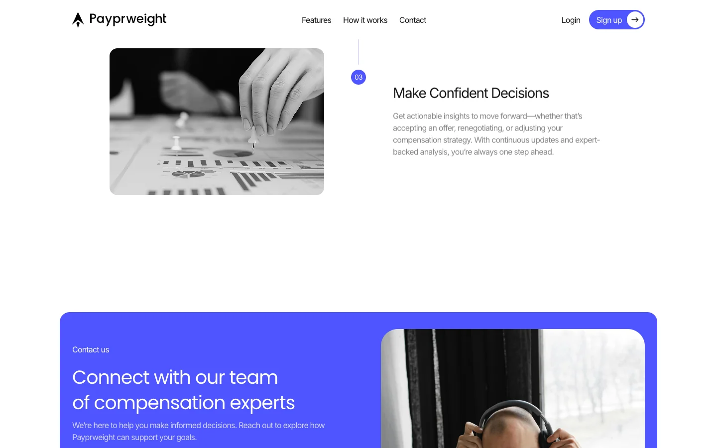 Step 03, Make Confident Decisions, beside a black and white photo of a hand placing a pin on printed charts. Below it the top of a blue panel with the heading Connect with our team of compensation experts.