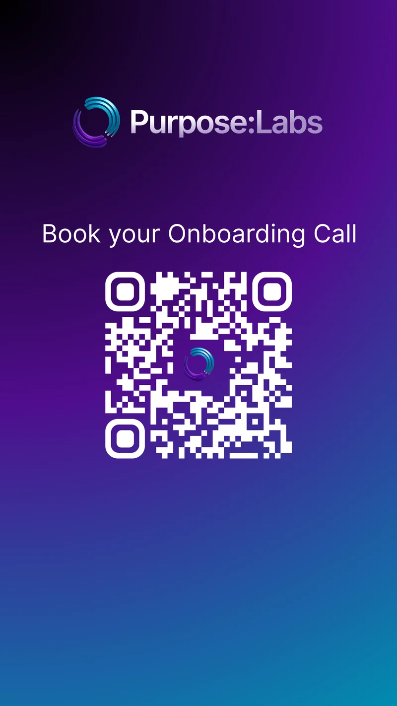 Upright graphic on a gradient from violet to turquoise: the ring mark with the wordmark Purpose:Labs, the line Book your Onboarding Call and a large white code to scan with the ring mark in its middle.
