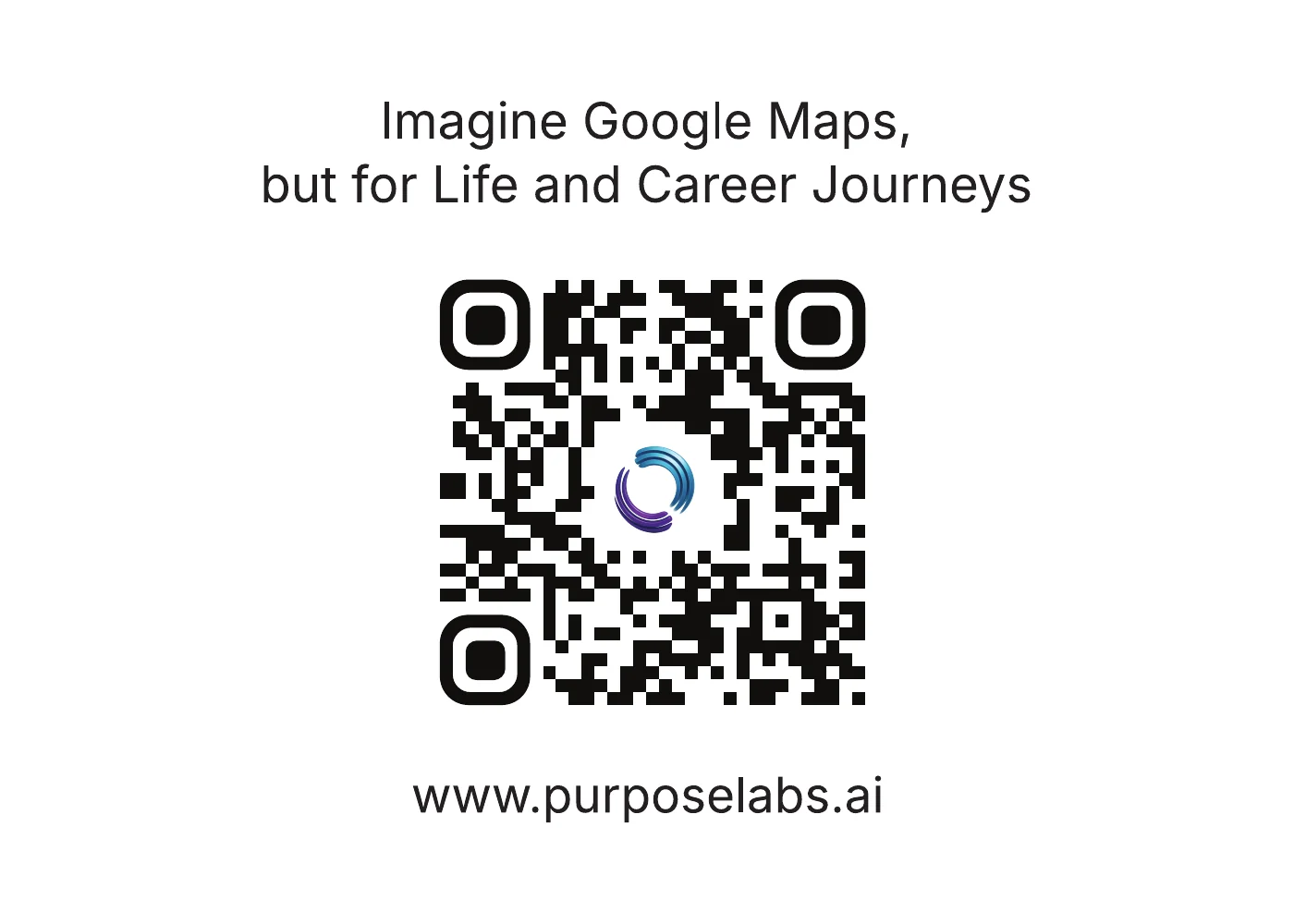 Print graphic on white: the sentence Imagine Google Maps, but for Life and Career Journeys above a black code to scan with the ring mark in its middle, and the address www.purposelabs.ai under it.