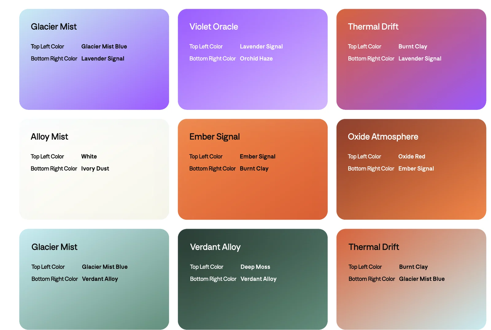 Nine gradient tiles with names such as Glacier Mist, Violet Oracle, Thermal Drift, Ember Signal, Oxide Atmosphere and Verdant Alloy, each listing its two corner colours.