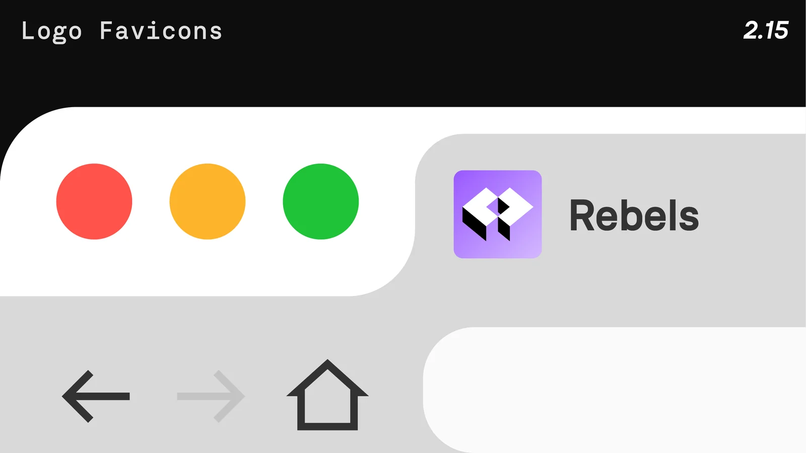 A close view of a browser tab: three window buttons, then a violet favicon with the folded diamond mark beside the name Rebels.