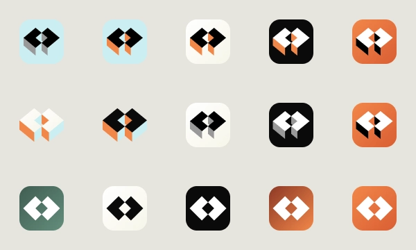 Fifteen favicons at 64 pixels in three rows: the folded diamond mark and the flat diamond mark on pale blue, ivory, black, orange, green and gradient rounded squares, and two without a ground.