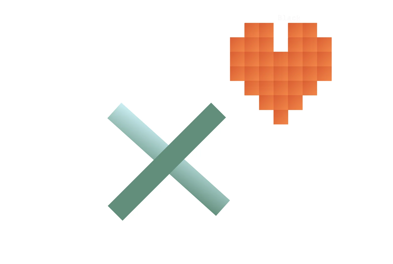 Two shapes on white: a large X of two crossed green bars and a heart built from orange squares.