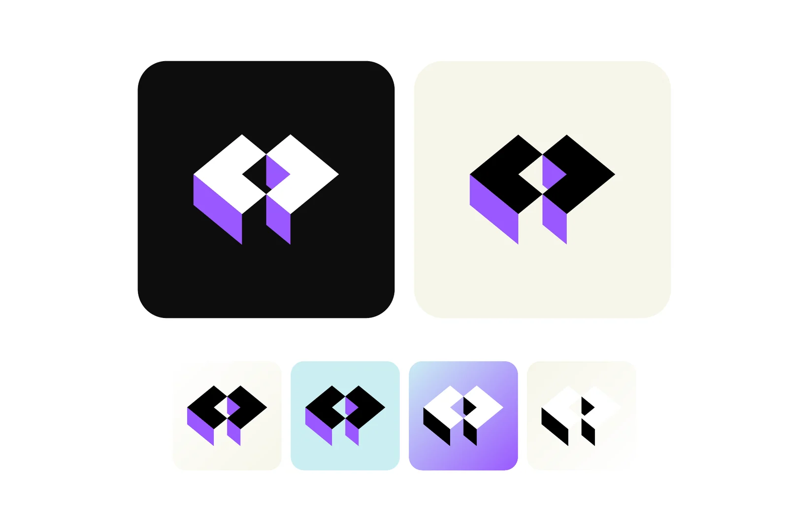 The app icon as a folded, three dimensional version of the diamond mark with violet sides, on a black and on an ivory rounded square, and four small versions below.
