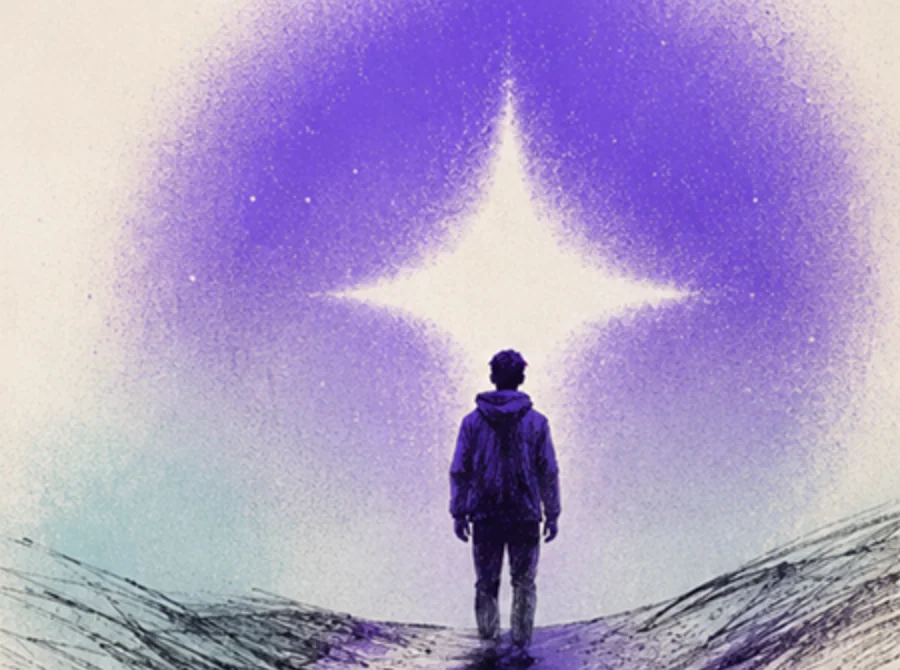 A figure in a hooded jacket seen from behind stands in sketched grass before a white four pointed star in a grainy violet cloud.