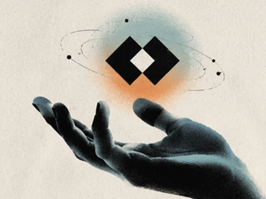 An open hand in grainy grey reaches up under the black diamond mark, which floats in a teal and orange haze with thin orbit lines.