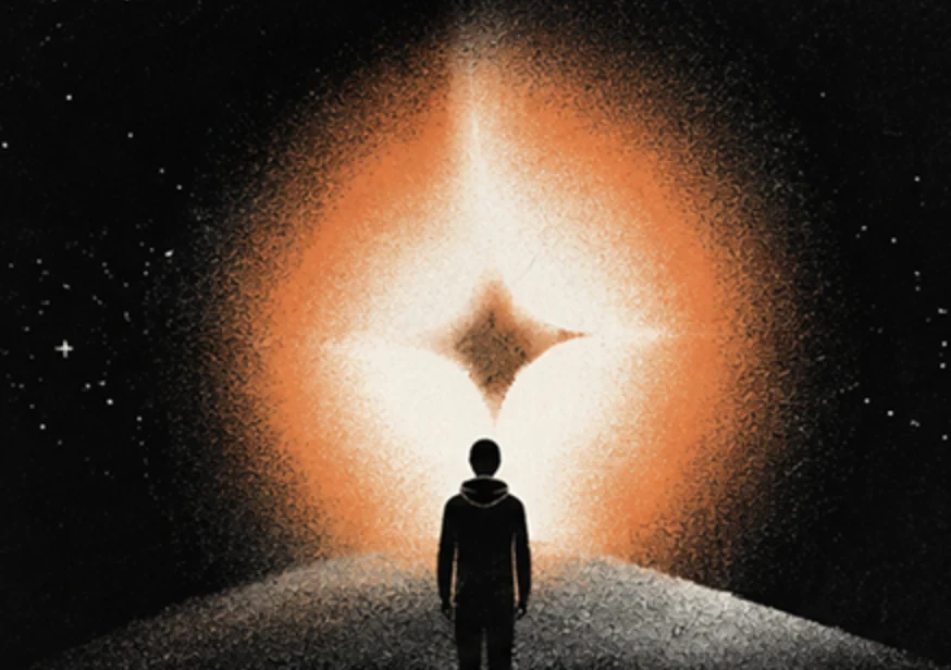 A small dark figure seen from behind stands on a rise before a large four pointed star in a grainy orange glow on black.