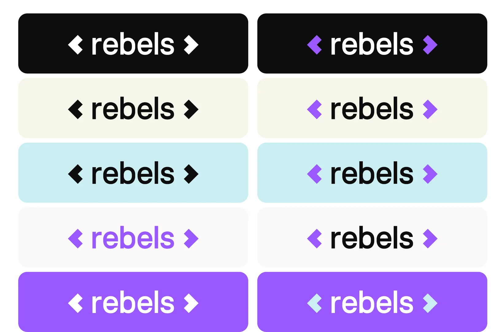 Ten versions of the logo in two columns on black, ivory, pale blue, pale lilac and violet panels, with the arrow marks in black, white or violet.