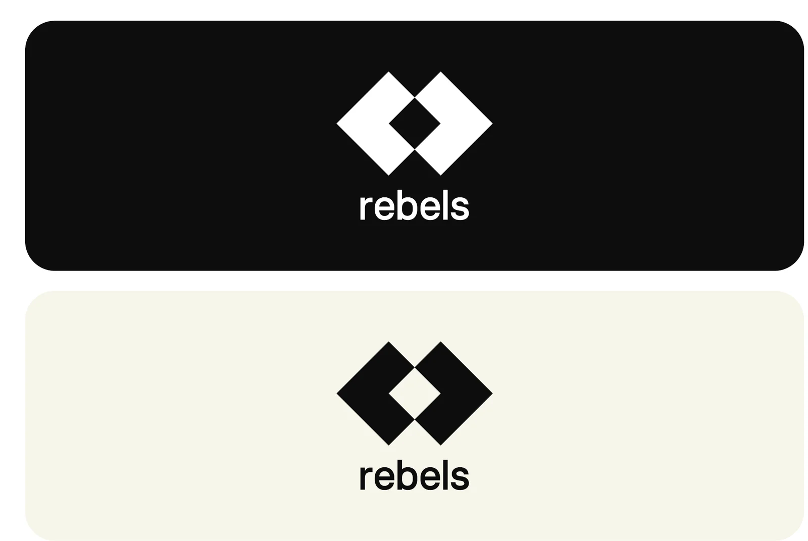 The stacked logo on a black and on an ivory panel: a mark of four diamonds set as two interlocked arrows above the small word rebels.