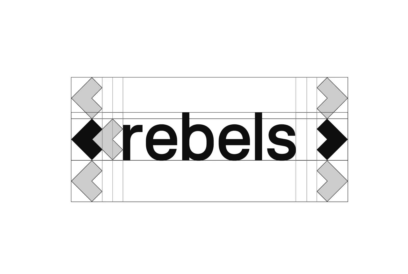 The logo with its construction: thin guide lines around the word rebels and grey copies of the arrow mark above and below each end to mark the clear space.